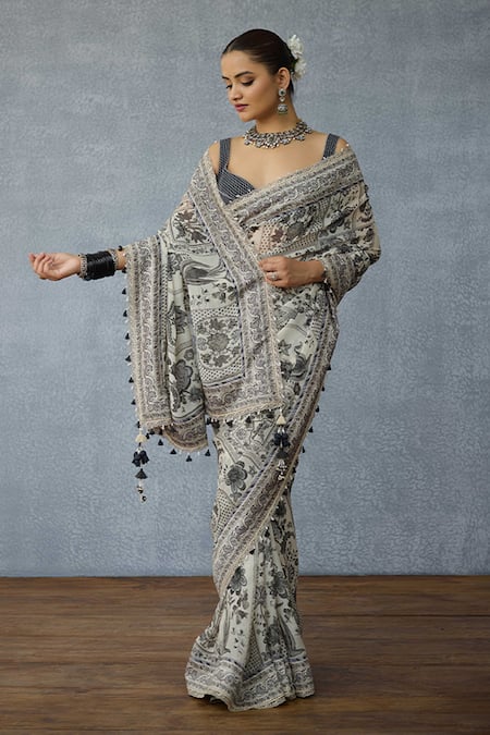Torani_Black Organza Tassels Kalamkari Aarna Saree _Online_at_Aza_Fashions