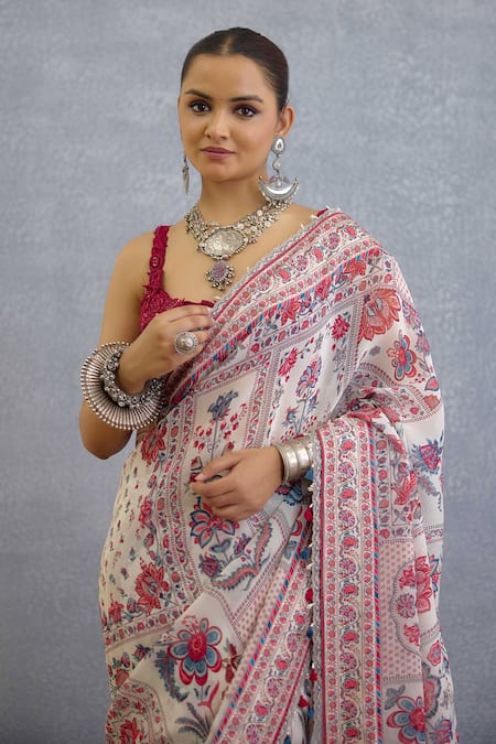 Torani_Multi Color Organza Pom-poms, Embroidery Coromandel Aarna Printed Saree _Online_at_Aza_Fashions