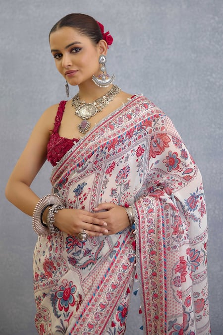 Buy_Torani_Multi Color Organza Pom-poms, Embroidery Coromandel Aarna Printed Saree _Online_at_Aza_Fashions