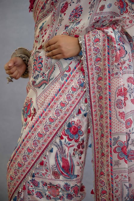 Shop_Torani_Multi Color Organza Pom-poms, Embroidery Coromandel Aarna Printed Saree _Online_at_Aza_Fashions