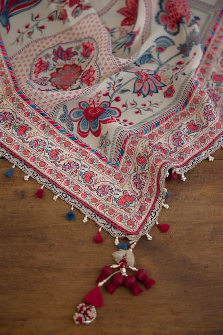 Torani_Multi Color Organza Pom-poms, Embroidery Coromandel Aarna Printed Saree _at_Aza_Fashions