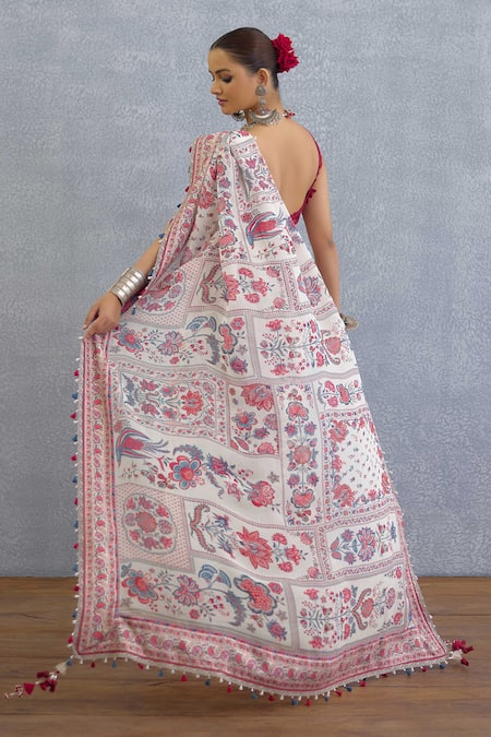 Shop_Torani_Multi Color Organza Pom-poms, Embroidery Coromandel Aarna Printed Saree _at_Aza_Fashions