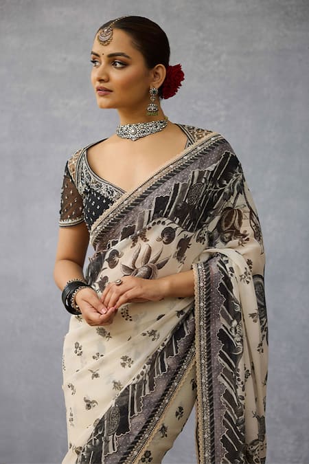 Torani_Black Georgette Embroidery Kalamkari Aavya Printed Saree _Online_at_Aza_Fashions
