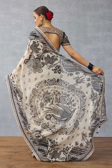 Shop_Torani_Black Georgette Embroidery Kalamkari Aavya Printed Saree _at_Aza_Fashions