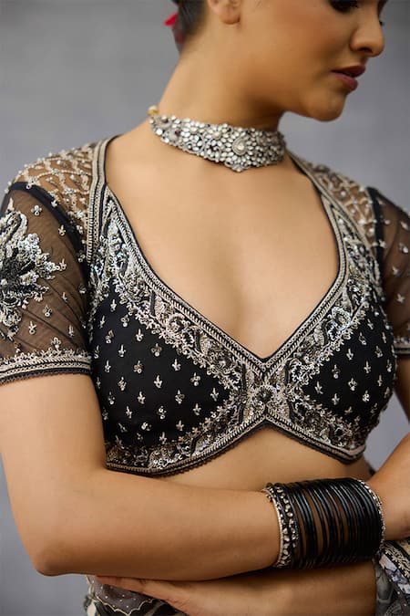 Buy_Torani_Black Net Sequins, Embroidery V-neck Kalamkari Aavya Designer Blouse 