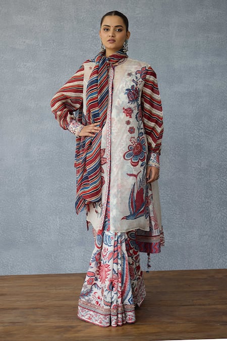 Buy_Torani_Multi Color Silk Organza Embroidery Round Neck Multicolour Shirt Jacket _Online_at_Aza_Fashions