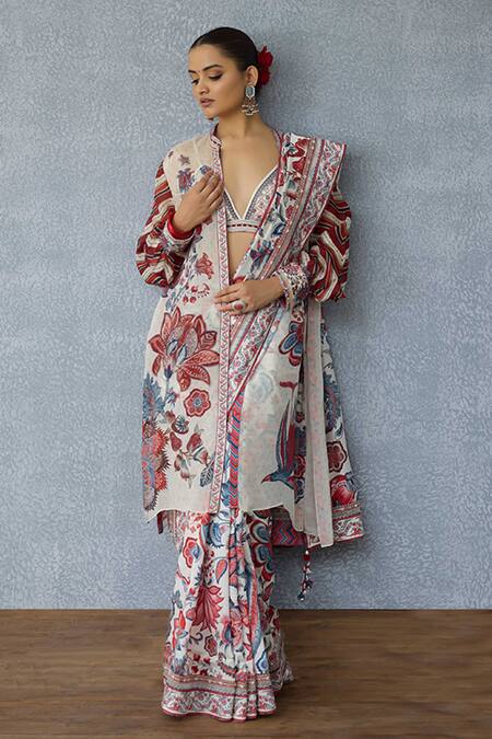 Torani_Multi Color Silk Organza Embroidery Round Neck Multicolour Shirt Jacket _at_Aza_Fashions