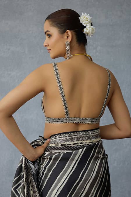 Torani_Black Chanderi Embroidery V-neck Kalamkari Myra Blouse _Online_at_Aza_Fashions