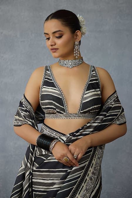 Buy_Torani_Black Chanderi Embroidery V-neck Kalamkari Myra Blouse _Online_at_Aza_Fashions