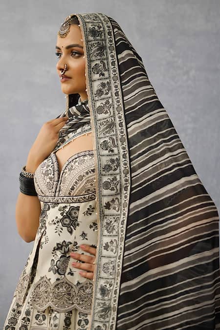 Torani_Black Silk, Organza, Jersey Lace, Tassels Kalamkari Anushtha Lehenga Set _Online_at_Aza_Fashions
