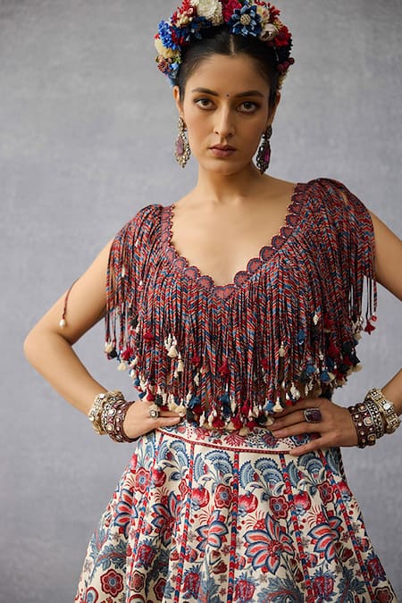 Torani_Multi Color Embroidery V-neck Coromandel Raasya Printed Lehenga Set _at_Aza_Fashions