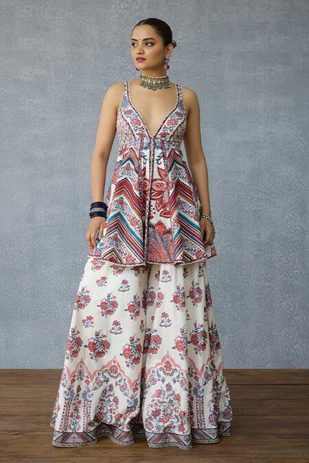 Shop Torani Multi Color Sequins, Embroidery, Tassels V-neck Coromandel Charu Sharara Set Online at Aza Fashions Shop_Torani_Multi Color Sequins, Embroidery, Tassels V-neck Coromandel Charu Sharara Set _Online_at_Aza_Fashions