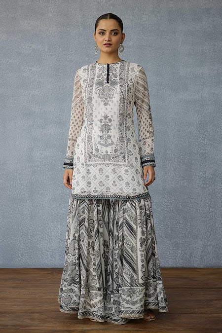 Shop_Torani_Black Georgette Embroidery, Tassels Round Neck Kalamkari Dakshaa Sharara Set _Online_at_Aza_Fashions