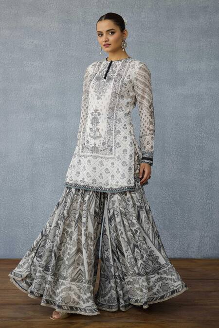 Shop_Torani_Black Georgette Embroidery, Tassels Round Neck Kalamkari Dakshaa Sharara Set 