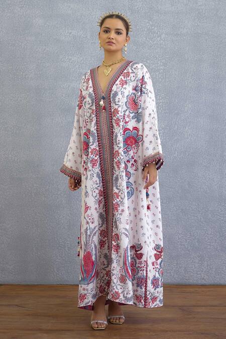 Torani Multi Color Linen Tassels V-neck Floral Print Coromandel Kanika Kaftan Online at Aza Fashions Torani_Multi Color Linen Tassels V-neck Floral Print Coromandel Kanika Kaftan _Online_at_Aza_Fashions