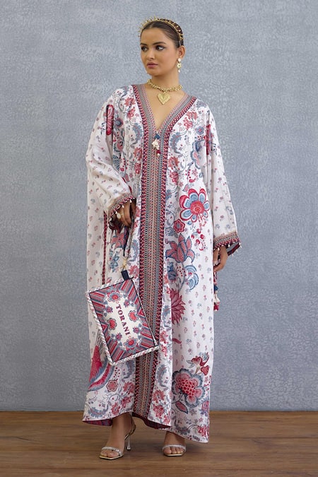Buy Torani Multi Color Linen Tassels V-neck Floral Print Coromandel Kanika Kaftan Online at Aza Fashions Buy_Torani_Multi Color Linen Tassels V-neck Floral Print Coromandel Kanika Kaftan _Online_at_Aza_Fashions