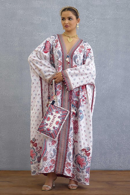 Shop Torani Multi Color Linen Tassels V-neck Floral Print Coromandel Kanika Kaftan Online at Aza Fashions Shop_Torani_Multi Color Linen Tassels V-neck Floral Print Coromandel Kanika Kaftan _Online_at_Aza_Fashions