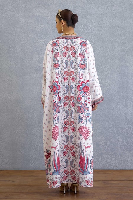 Shop Torani Multi Color Linen Tassels V-neck Floral Print Coromandel Kanika Kaftan at Aza Fashions Shop_Torani_Multi Color Linen Tassels V-neck Floral Print Coromandel Kanika Kaftan _at_Aza_Fashions