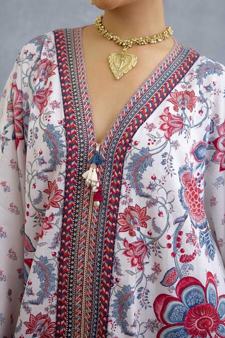 Torani Multi Color Linen Tassels V-neck Floral Print Coromandel Kanika Kaftan at Aza Fashions Torani_Multi Color Linen Tassels V-neck Floral Print Coromandel Kanika Kaftan _at_Aza_Fashions