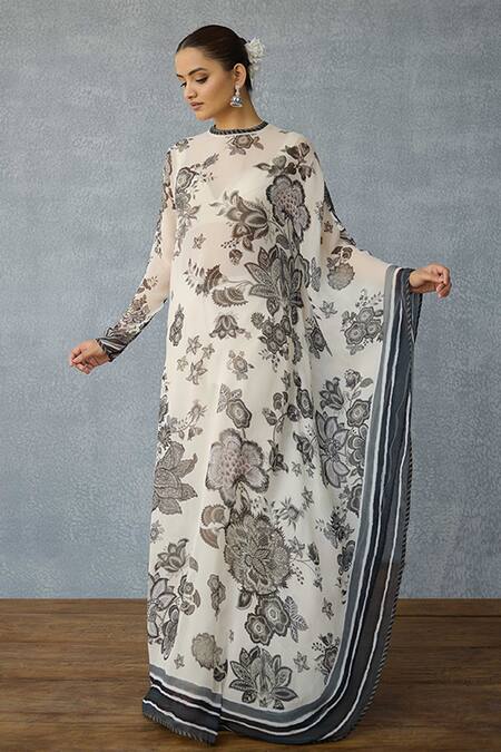 Shop_Torani_White Georgette Embroidery Round Neck Kalamkari Navanya Kaftan Set 