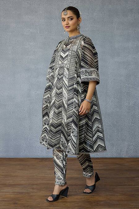 Shop_Torani_Black Silk, Organza, Crepe Embroidery Round Kalamkari Asthika Printed Kurta Set _Online_at_Aza_Fashions