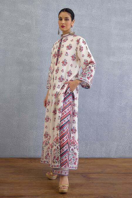 Torani_Multi Color Embroidery Mandarin Collar Coromandel Radhya Kurta Set _at_Aza_Fashions