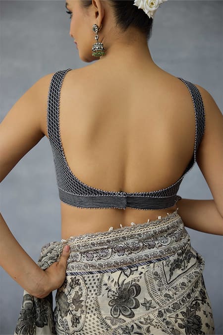 Torani_Black Silk Plunge Neck Kalamkari Aarna Bralette _Online_at_Aza_Fashions