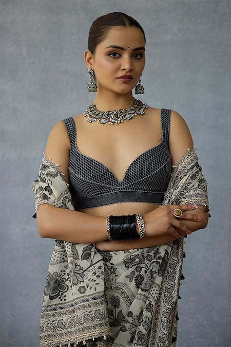 Shop_Torani_Black Silk Plunge Neck Kalamkari Aarna Bralette _Online_at_Aza_Fashions