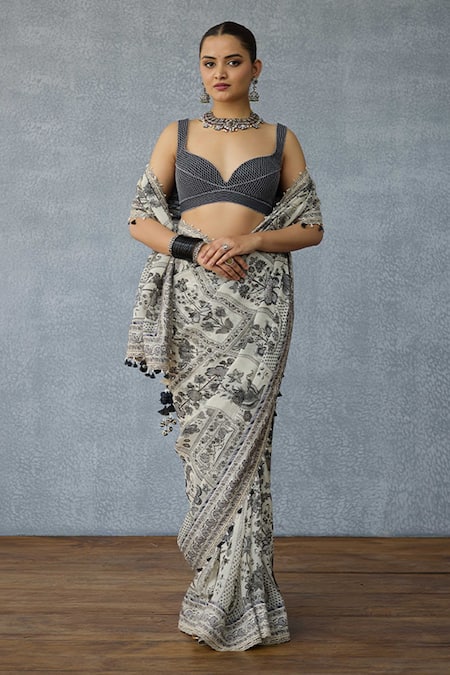 Torani_Black Silk Plunge Neck Kalamkari Aarna Bralette _at_Aza_Fashions