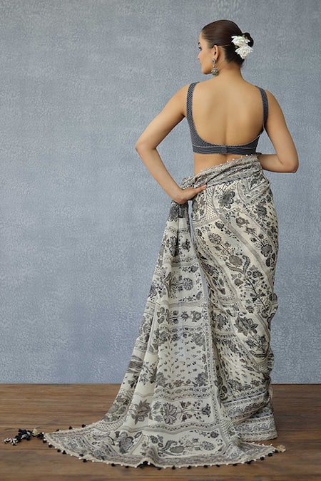 Shop_Torani_Black Silk Plunge Neck Kalamkari Aarna Bralette _at_Aza_Fashions