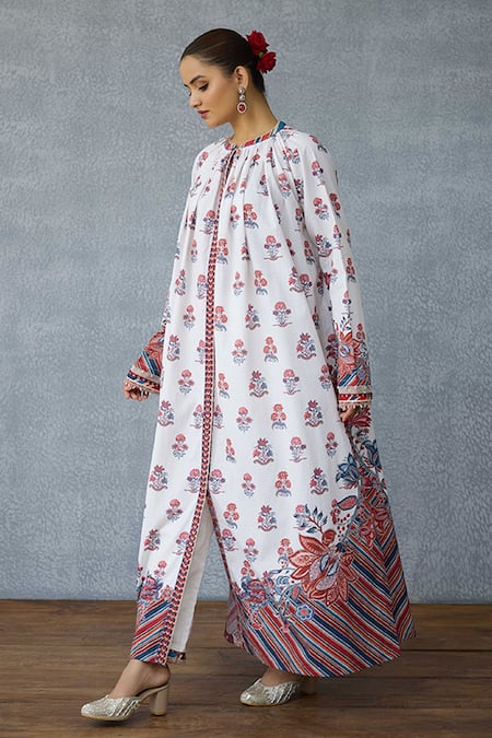 Shop_Torani_Multi Color Linen Round Neck Multicolour Printed Kurta Set 