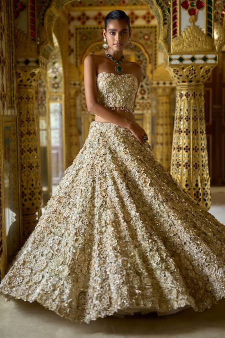 Seema Gujral_Ivory Net Pearls, Sequins Square Neck 3d Floral Embroidered Lehenga Set _at_Aza_Fashions