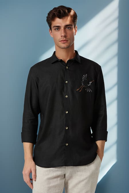 Arihant Rai Sinha Black Linen Embroidery Celestial Crane Shirt Online at Aza Fashions Arihant Rai Sinha_Black Linen Embroidery Celestial Crane Shirt _Online_at_Aza_Fashions