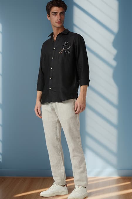 Buy Arihant Rai Sinha Black Linen Embroidery Celestial Crane Shirt Online at Aza Fashions Buy_Arihant Rai Sinha_Black Linen Embroidery Celestial Crane Shirt _Online_at_Aza_Fashions