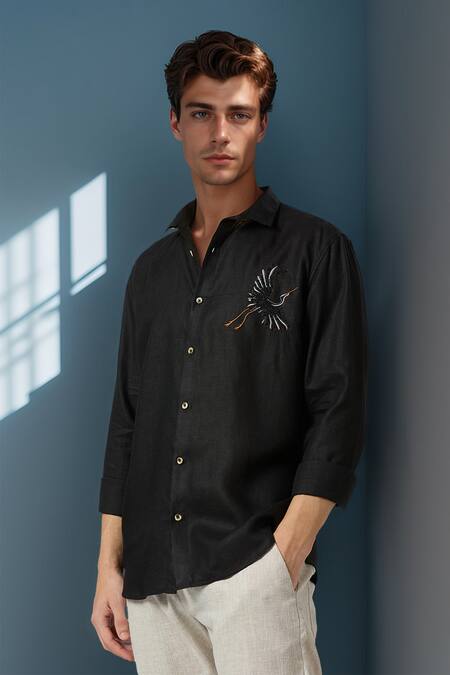 Shop Arihant Rai Sinha Black Linen Embroidery Celestial Crane Shirt Online at Aza Fashions Shop_Arihant Rai Sinha_Black Linen Embroidery Celestial Crane Shirt _Online_at_Aza_Fashions