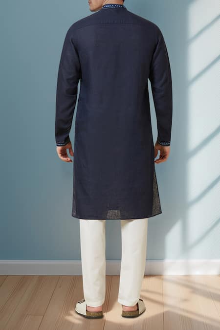Shop_Arihant Rai Sinha_Navy Linen Solid Pure Long Kurta _at_Aza_Fashions