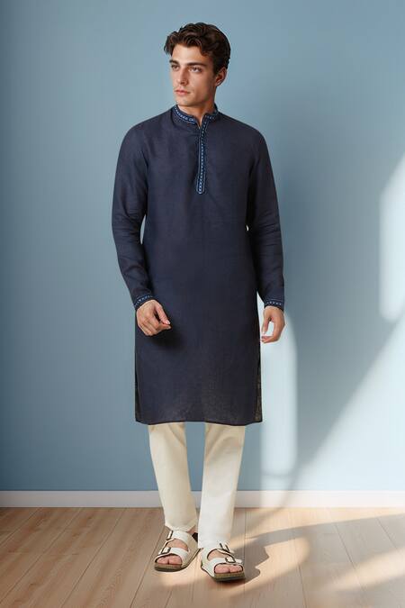 Arihant Rai Sinha_Navy Linen Solid Pure Long Kurta _at_Aza_Fashions