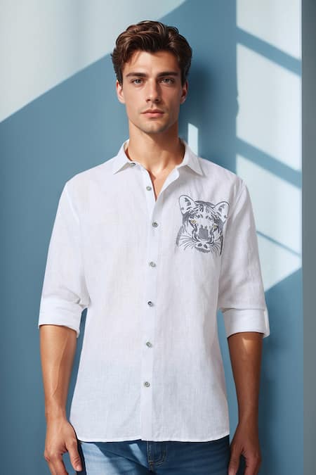 Buy Aryavir Malhotra White Linen Embroidery Regal Panther Pure Shirt Online at Aza Fashions Buy_Aryavir Malhotra_White Linen Embroidery Regal Panther Pure Shirt _Online_at_Aza_Fashions