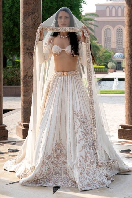 Shop_Jigar & Nikita_Gold Linen, Net, Satin Pearls Sweetheart Neck Ivymist Embellished Lehenga Set 