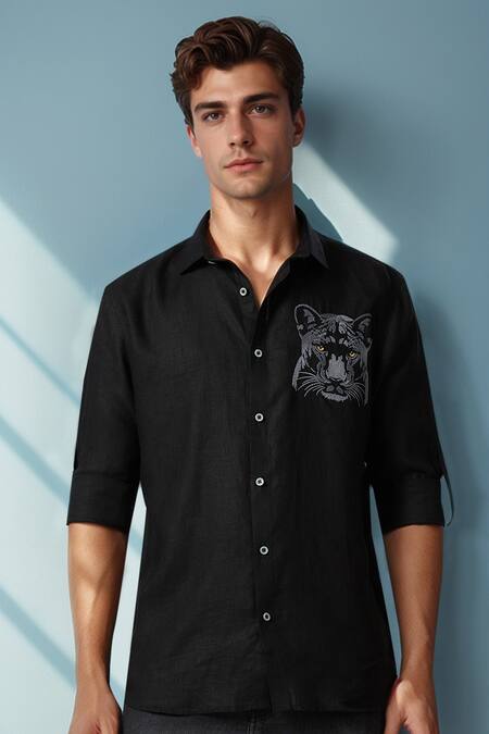 Aryavir Malhotra_Black Linen Embroidery Panther Shirt _Online_at_Aza_Fashions