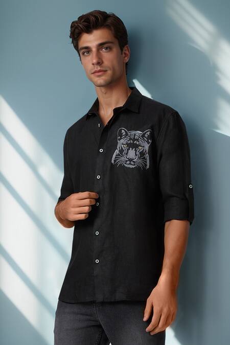 Buy_Aryavir Malhotra_Black Linen Embroidery Panther Shirt _Online_at_Aza_Fashions