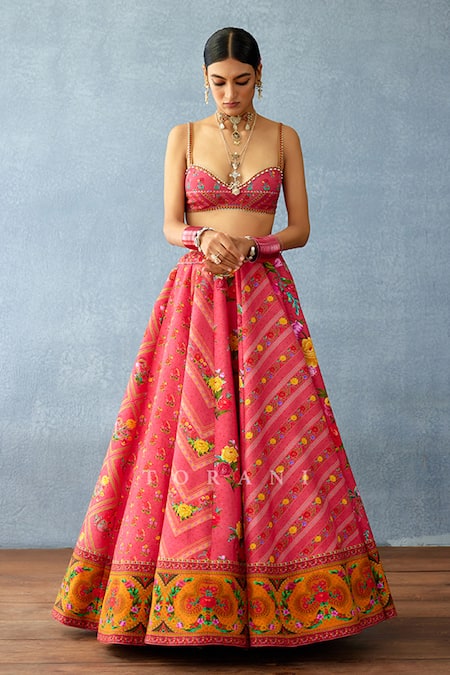 Shop_Torani_Pink Jersey, Organza Beads, Tassels, Dil Ruba Aria Chevron Print Lehenga Set 