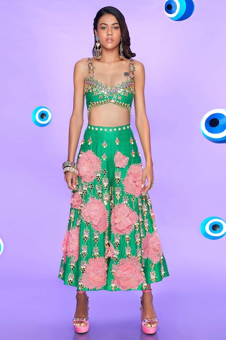 Buy Papa Don't Preach Green Silk Applique, Beads, Sequins Sweetheart Flower Embellished Jumpsuit Online at Aza Fashions Buy_Papa Don't Preach_Green Silk Applique, Beads, Sequins Sweetheart Flower Embellished Jumpsuit _Online_at_Aza_Fashions
