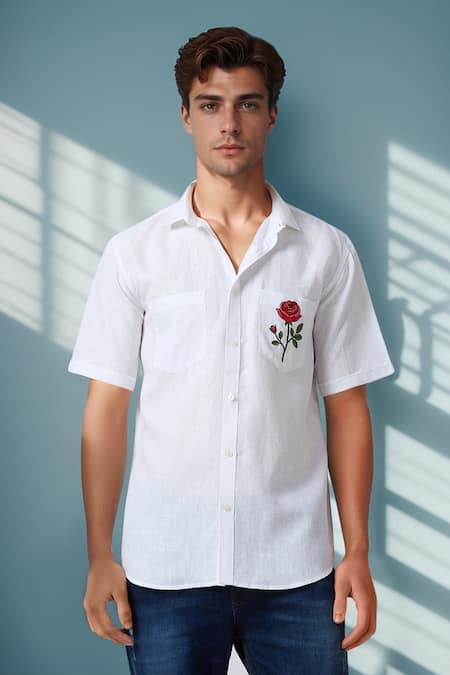 Aryavir Malhotra White Linen Embroidery Royal Rose Pure Shirt Online at Aza Fashions Aryavir Malhotra_White Linen Embroidery Royal Rose Pure Shirt _Online_at_Aza_Fashions