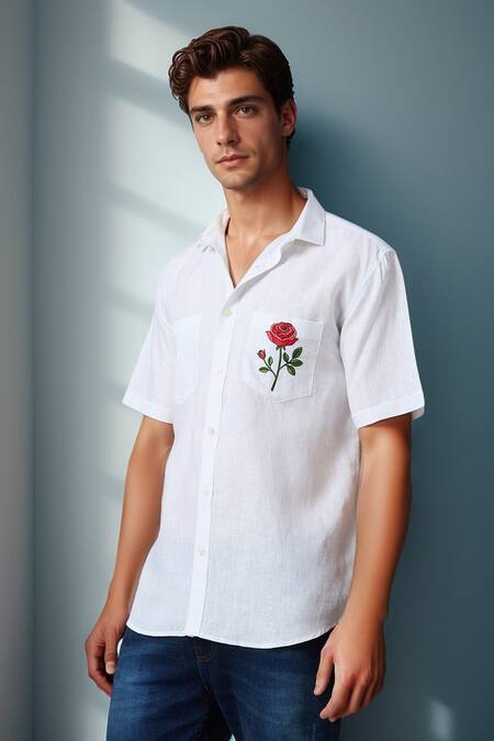 Buy Aryavir Malhotra White Linen Embroidery Royal Rose Pure Shirt Online at Aza Fashions Buy_Aryavir Malhotra_White Linen Embroidery Royal Rose Pure Shirt _Online_at_Aza_Fashions