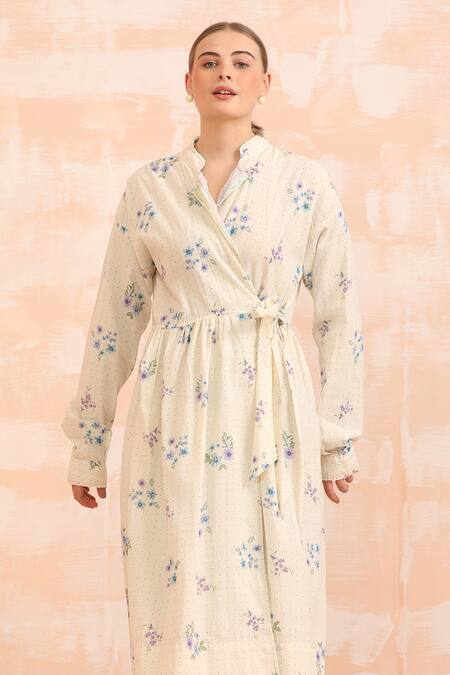 Dhaari_Cream Embroidery Collared Hand Painted Reversible Midi Dress _Online_at_Aza_Fashions