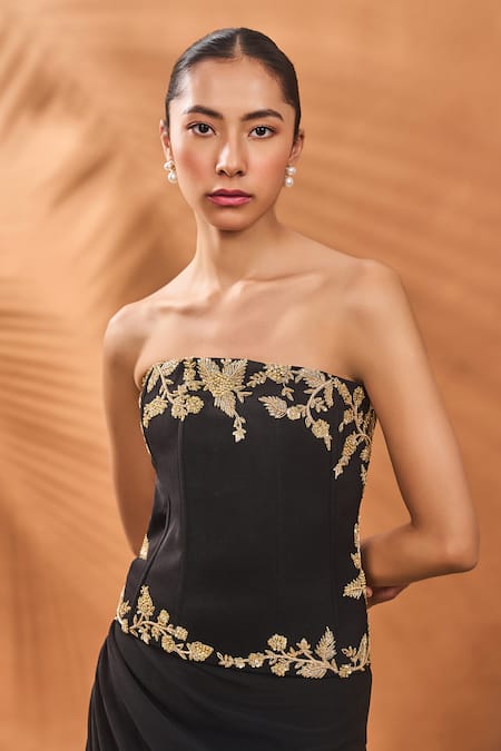 Shop_Masaba_Black Crepe Embroidery, Tassels Heavy Corset Set _Online_at_Aza_Fashions