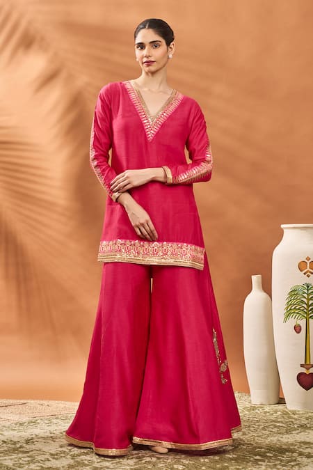 Buy Masaba Pink Silk, Organza Embroidery V-neck Trikone Sharara Set Online at Aza Fashions Buy_Masaba_Pink Silk, Organza Embroidery V-neck Trikone Sharara Set _Online_at_Aza_Fashions