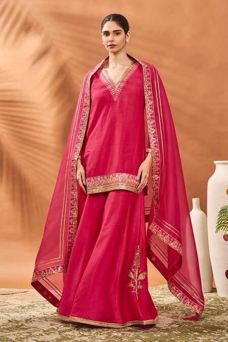 Masaba Pink Silk, Organza Embroidery V-neck Trikone Sharara Set at Aza Fashions Masaba_Pink Silk, Organza Embroidery V-neck Trikone Sharara Set _at_Aza_Fashions