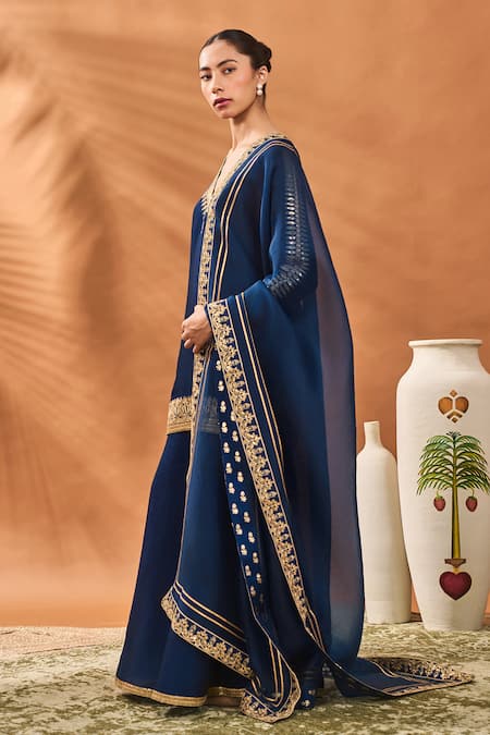 Buy Masaba Blue Silk, Organza Embroidery V-neck Trikone Sharara Set Online at Aza Fashions Buy_Masaba_Blue Silk, Organza Embroidery V-neck Trikone Sharara Set _Online_at_Aza_Fashions